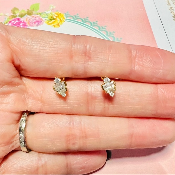 North South Baguette and Round Crystal CZ 18k Gold Plated Pierced Earring 1pc - Picture 5 of 5